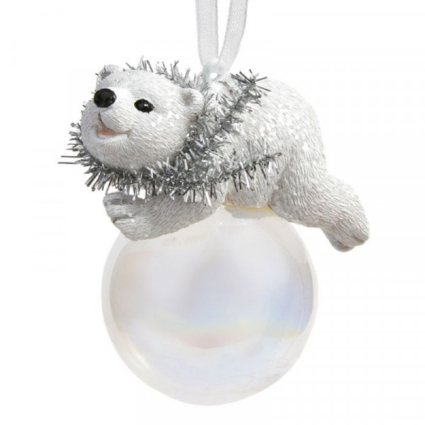 Украшение новогоднее Мишка на шаре 3,5*5*6 см, полирезин./стекло, белый Украшение новогоднее Мишка на шаре 3,5*5*6 см, полирезин./стекло, белый