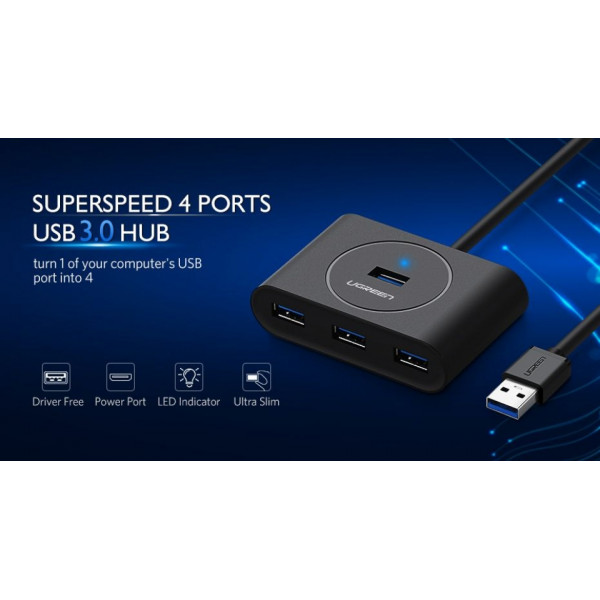 комп. USB HUB UGREEN USB 3.0 Hub 0.5m CR113 Black 20290