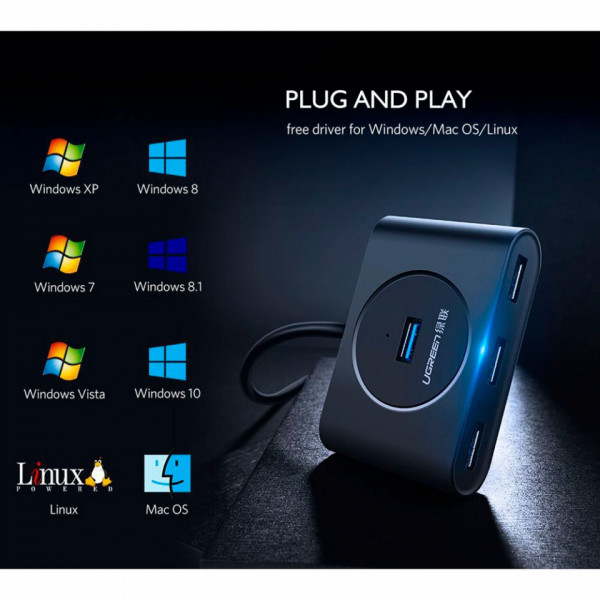 комп. USB HUB UGREEN USB 3.0 Hub 1m CR113 Black 20291