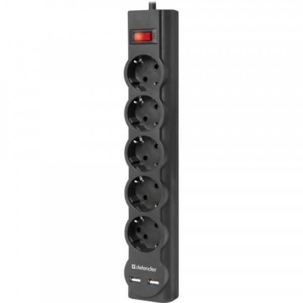 Сетевой фильтр 1,8м Defender DFS 751 <5 розеток + 2xUSB> черный    