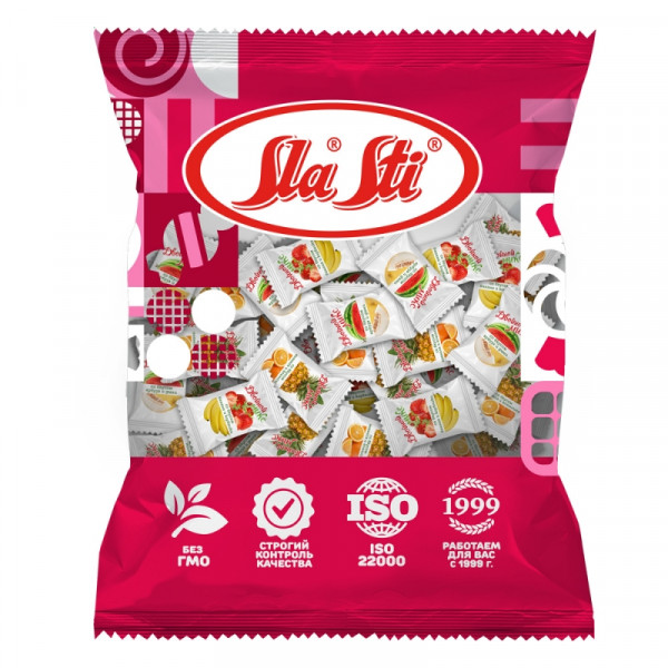 Карамель леденцовая Sla Sti. Двойной микс 200 г., со вкусом арбуз-дыня, клубника-банан, апельсин-ананас