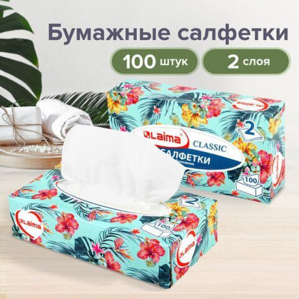 Салфетки косметические 100 штук в картонном боксе 2-слойные, LAIMA, 20х20см, 113588