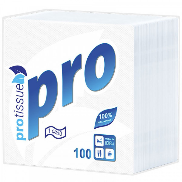 Салфетки бумажные 24*24см., целлюлоза, Protissue, 1сл., белые, 100шт/уп., С184