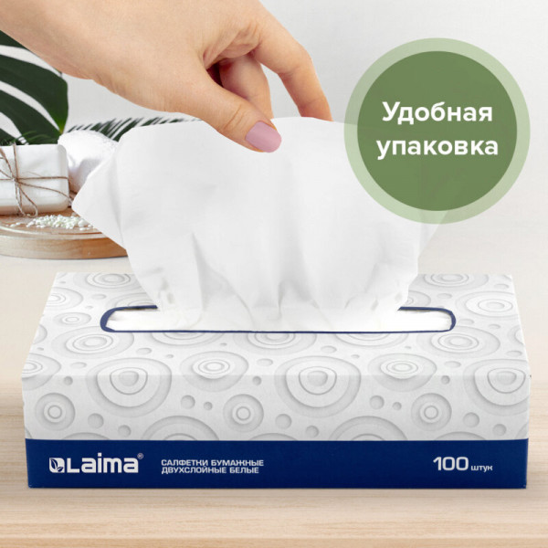 Салфетки косметические 100 штук в картонном боксе 2-слойные, LAIMA/ЛАЙМА, 20х20см, 126909