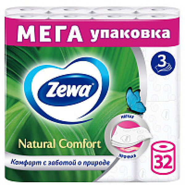 Бумага туалетная Zewa Natural Comfort, 32 рул, 3 слоя, цв. белый 