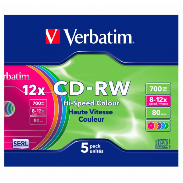 диск CD-RW 700 Мб  8-12х перезапис. Slim Verbatim цветн. 5 шт в уп.