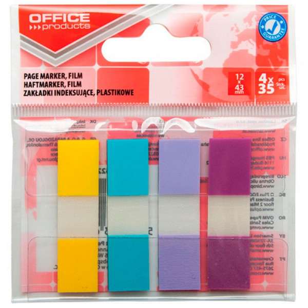 Закладки пласт. Office products 12*43 мм, 4 цв.*35 шт., ассорти пастель