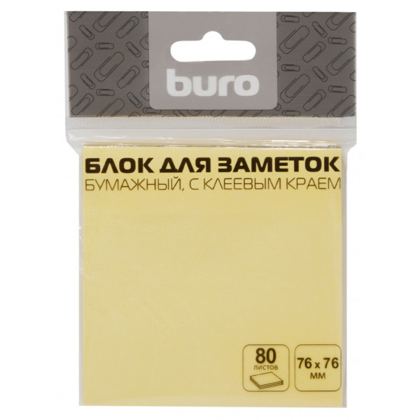 Бумага для заметок с липким краем Buro 76 x 76 мм, 1 блок x 80 л., желтая пастель