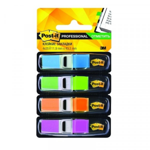 Закладки пласт. Post-it Professional 12*44 мм, 4 цв.*35 шт., узкие, ассорти, в контейнерах