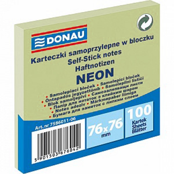 Бумага д/з на кл. осн. 76*76 мм Donau Neon 100 л., зеленый неон