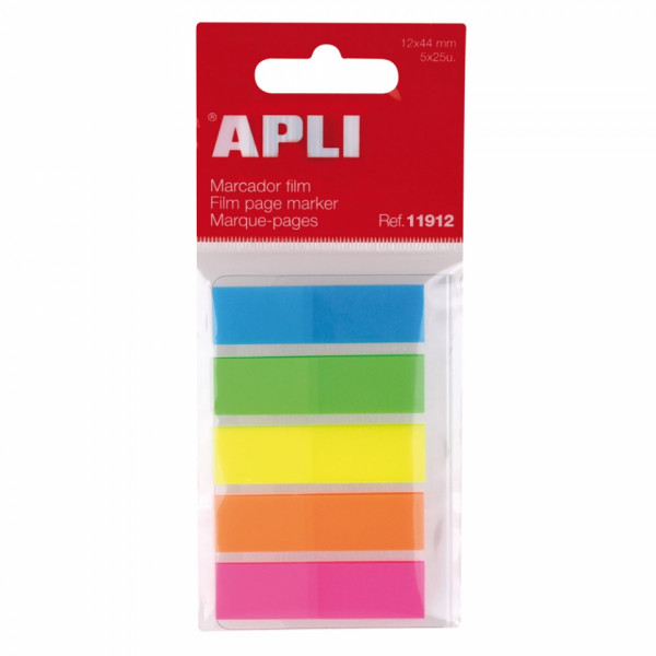 Закладки пласт. APLI 12*45 мм, 5 цв.*25 шт., флуоресц. ассорти