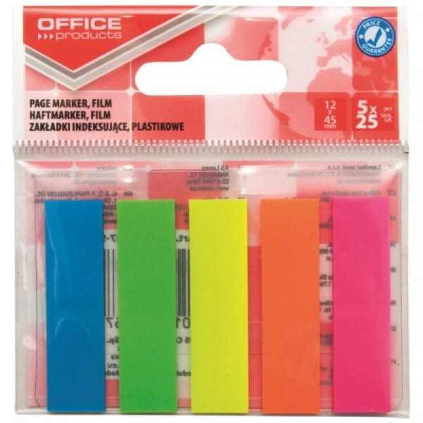 Закладки пласт. Office products 12*45 мм, 5 цв.*25 шт., ассорти неон