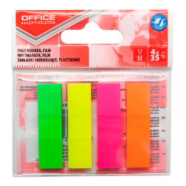 Закладки пласт. Office products 12*43 мм, 4 цв.*35 шт., ассорти неон