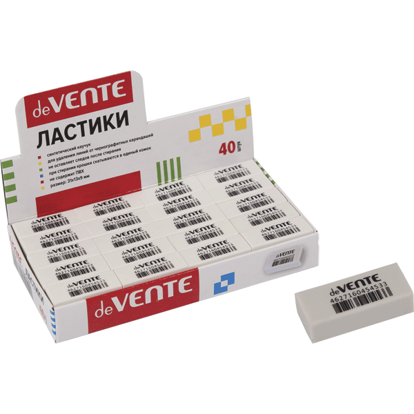 Ластик deVENTE. Box синтетический каучук, прямоугольный, белый, 31x13x9 мм, dust-free, 4070906