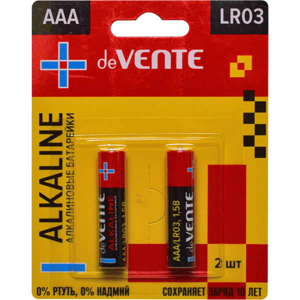 Батарейка deVENTE. Alkaline алкалиновая, AAA, LR03, 1,5В, 2 шт в блистере, 9010103 Батарейка deVENTE. Alkaline алкалиновая, AAA, LR03, 1,5В, 2 шт в блистере, 9010103