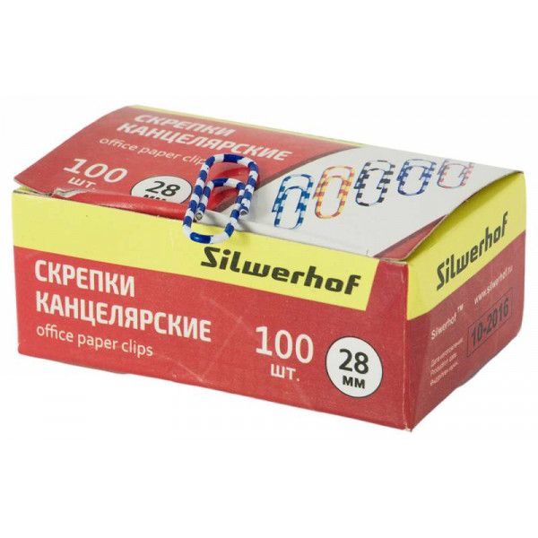 Скрепки цветные виниловые Silwerhof 28 мм, 100 шт., округлые