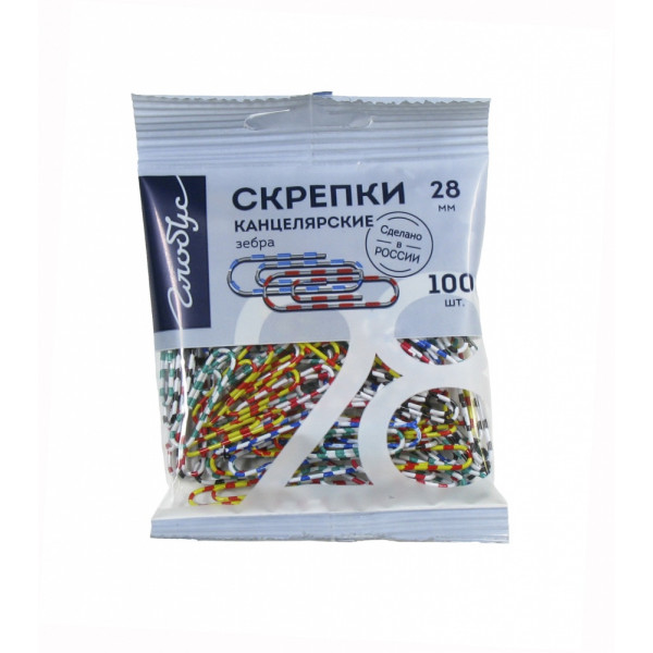 Скрепки, 28 мм, 100 шт., цветные, ЗЕБРА, арт. С28-100 П3 Пл