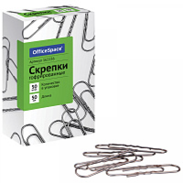 Скрепки 50 мм OfficeSpace металл., 50 шт., овал., гофр., серебристый