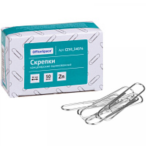 Скрепки 50 мм OfficeSpace оцинк., 50 шт., овал., серебристый