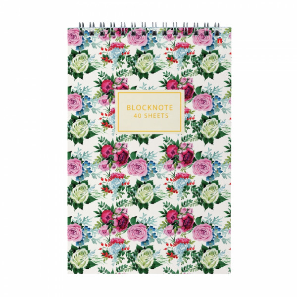 Блокнот A5 127*202 мм, 40 л., в клетку Цветы. Паттерн спираль сверху, гибк. обл., ассорти