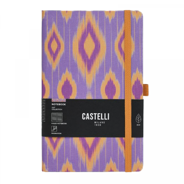 Блокнот А5 130*210 мм., 96 л., св-кремовый, лин. Ikat lilac sand тверд. обл., искусств. матер., на резинке, фиолетовый/оранжевый