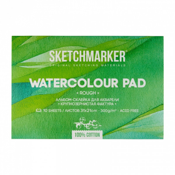 Блок бумаги для акварели Sketchmarker 100 хлопок, 21*31 см, 300 г/м2, 10 л., крупнозернистая Блок бумаги для акварели Sketchmarker 100 хлопок, 21*31 см, 300 г/м2, 10 л., крупнозернистая
