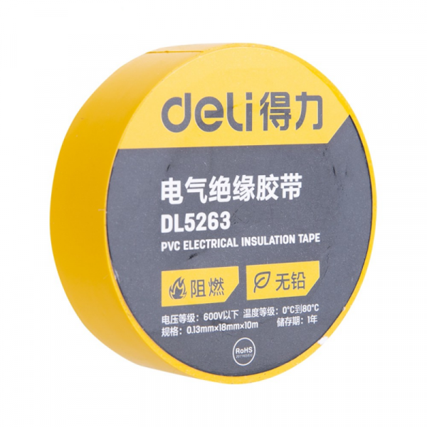 Изолента ПВХ Deli 18 мм*10 м, 130 мкм, желтый