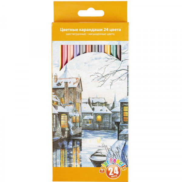 Карандаши цветные Color pencils 24 цв., шестигранные, пластиклвые,коробка/европод., 1408206