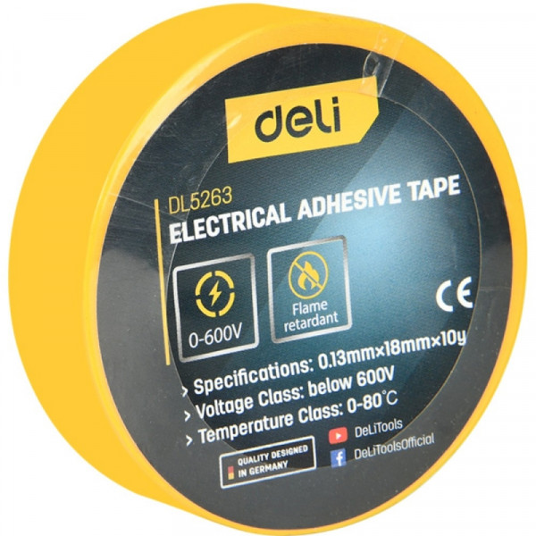 Изолента ПВХ Deli 18 мм*10 м, 130 мкм, желтый