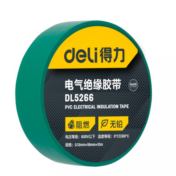 Изолента ПВХ Deli 18 мм*10 м, 130 мкм, зеленый
