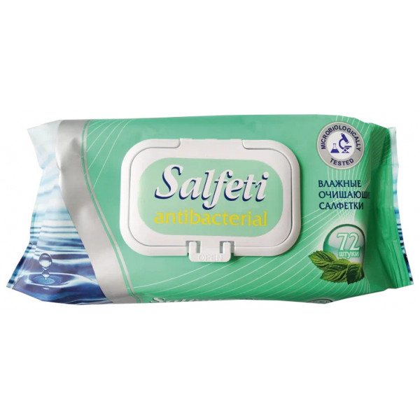 Салфетки влажные 72 шт, SALFETI Antibacterial, антибактериальные, крышка клапан, ш/к 83970