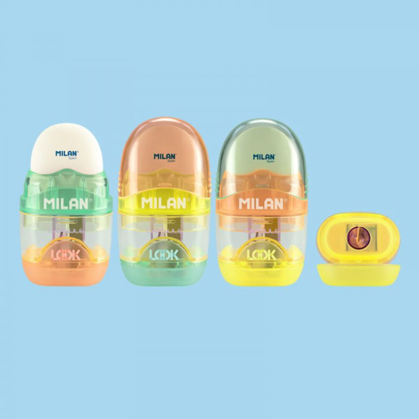 Точилка пластиковая с ластиком Milan Capsule, 1 отверстие, контейнер, ассорти, арт. 4701116 Точилка пластиковая с ластиком Milan Capsule, 1 отверстие, контейнер, ассорти, арт. 4701116
