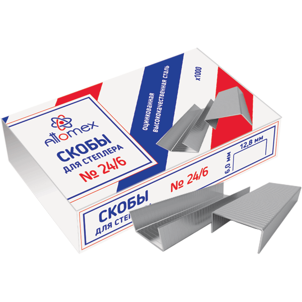 Скобы для степлера Attomex 24/6 1000 шт в картонной коробке, оцинкованные, 4141300