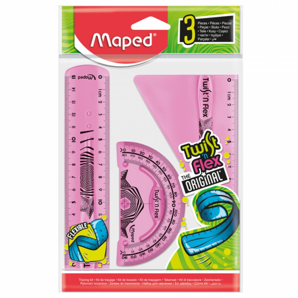 Линейка набор Twist'n Flex лин. 15 см+2 треуг. 30, 60 гр.+трансп. 180 гр., пласт., ассорти, блистер