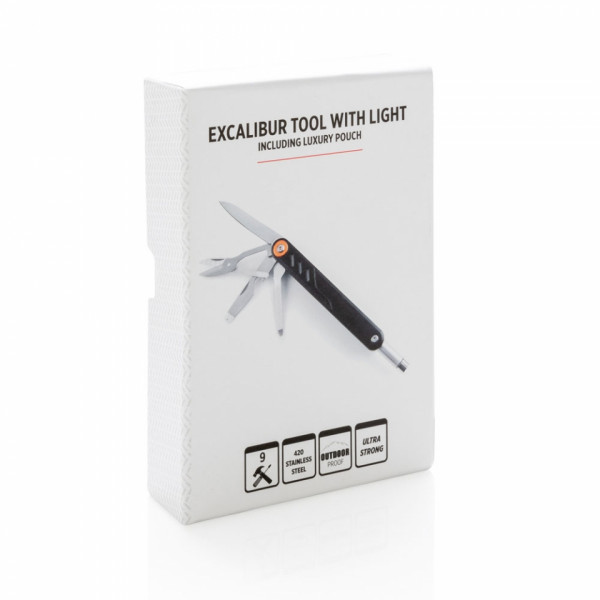 Мультиинструмент Excalibur метал., 9 функц., с фонариком, подарочн. упак., черный/серебристый