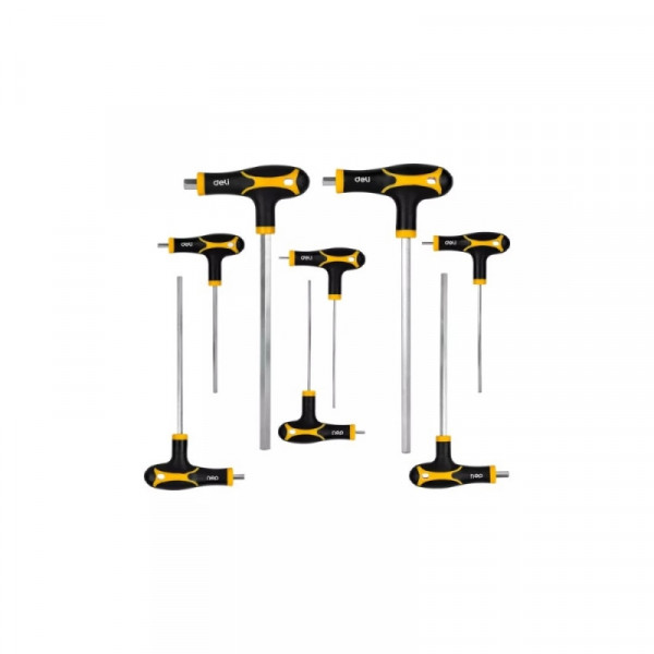 Ключ Т-образный шестигранный Deli набор 8 шт., 2*75 мм-10*200 мм, с шаровым наконечником, желтый/черный, блистер Ключ Т-образный шестигранный Deli набор 8 шт., 2*75 мм-10*200 мм, с шаровым наконечником, желтый/черный, блистер