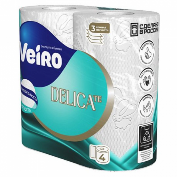 Бумага туалетная  Veiro Elite, 4 рул, цв.белый, 3-сл.