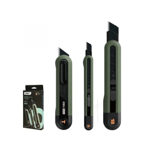 Набор ножей строительных Deli HS EHT4003L 3 шт ножи 9мм/18мм/трапеция, Soft Touch, зеленый