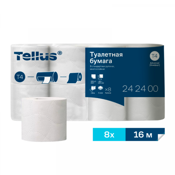 Бумага туалетная Tellus Комфорт T4, 8 рул, 16м, 3-сл. Бумага туалетная Tellus Комфорт T4, 8 рул, 16м, 3-сл.