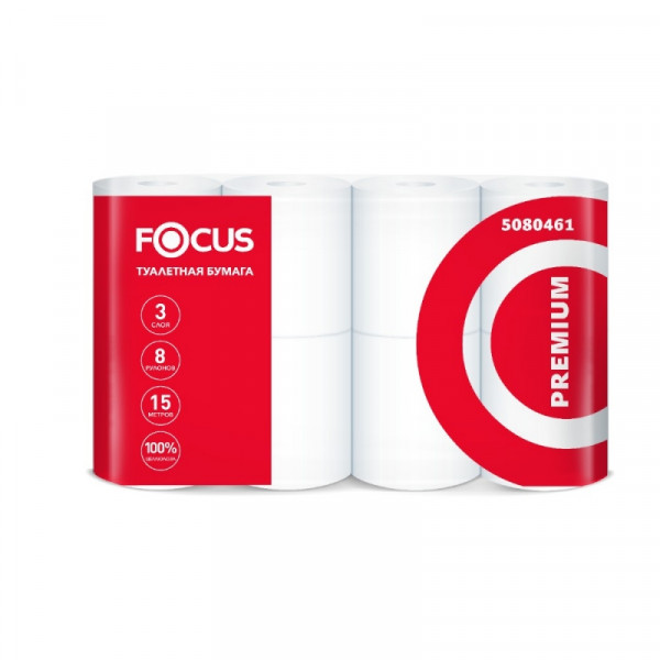 Бумага туалетная Focus Premium 15м, 3 слоя, 8 рул, 100 целлюлоза