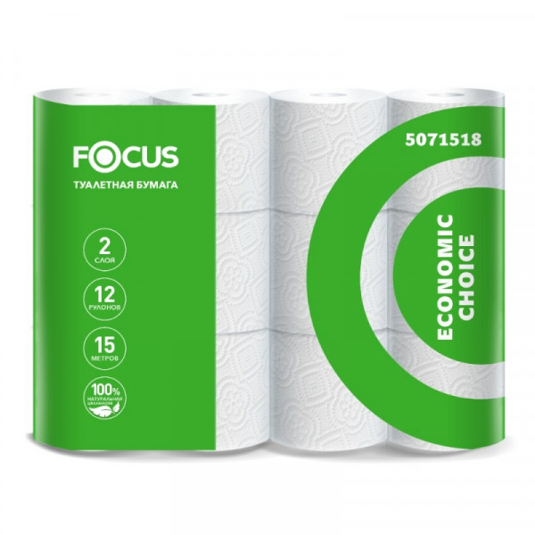 Бумага туалетная Focus Eco 15м, 2 слоя, 12 рул, 100 целлюлоза