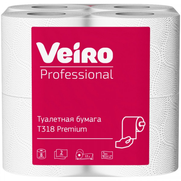 Бумага туалетная Veiro Professional Premium в стандартных рулонах, 8 рул, 15м, 2 слоя Бумага туалетная Veiro Professional Premium в стандартных рулонах, 8 рул, 15м, 2 слоя
