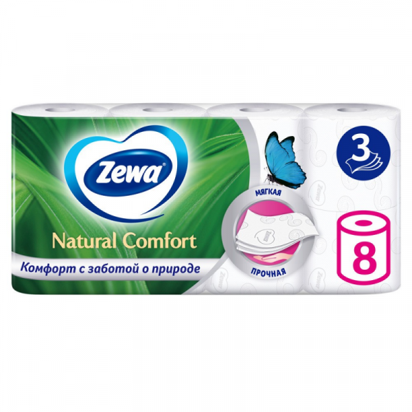 Бумага туалетная Zewa Natural Comfort, 8 рул, 3 слоя, цв. белый Бумага туалетная Zewa Natural Comfort, 8 рул, 3 слоя, цв. белый