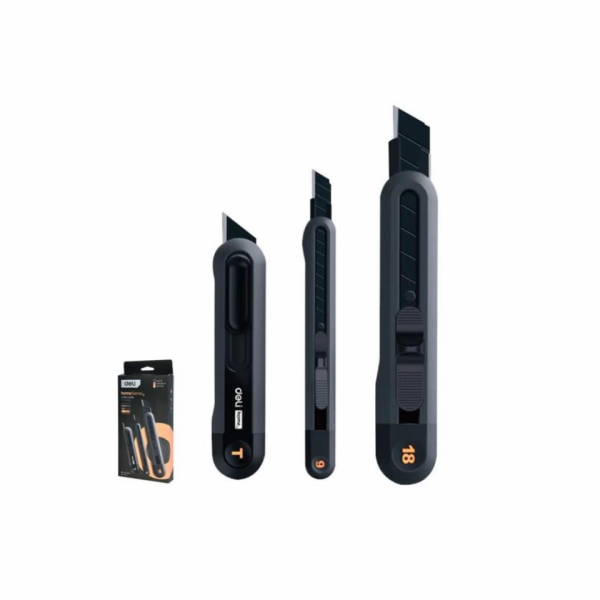 Набор ножей строительных Deli HS EHT4003C 3 шт ножи 9мм/18мм/трапеция, Soft Touch, оранжевый