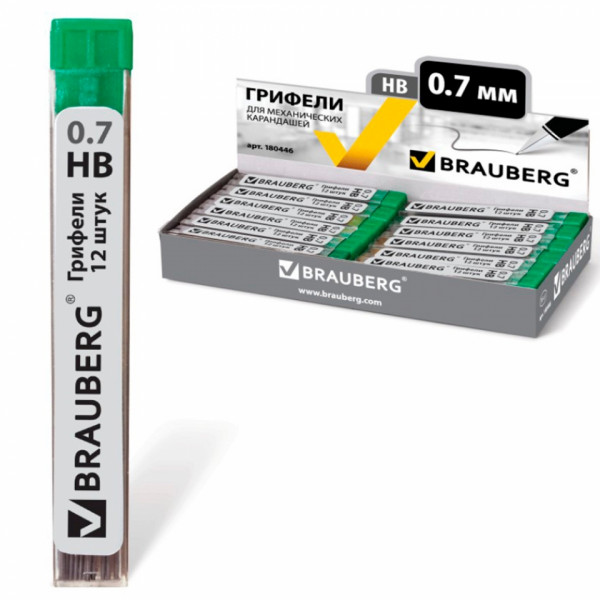 Грифель 0,5 мм HB Brauberg Hi-Polymer 12 шт., в тубе
