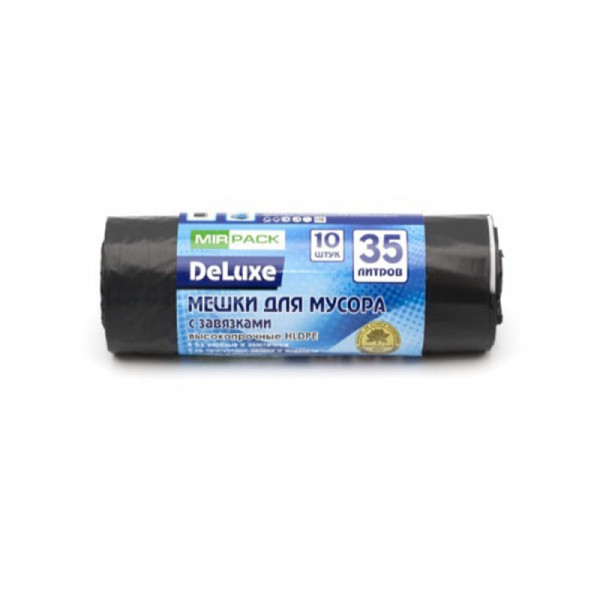Мешки для мусора 35л 10шт/рулон ПВД Mirpack Deluxe 30мкм 50*60см цв.черный, с завязками Мешки для мусора 35л 10шт/рулон ПВД Mirpack Deluxe 30мкм 50*60см цв.черный, с завязками