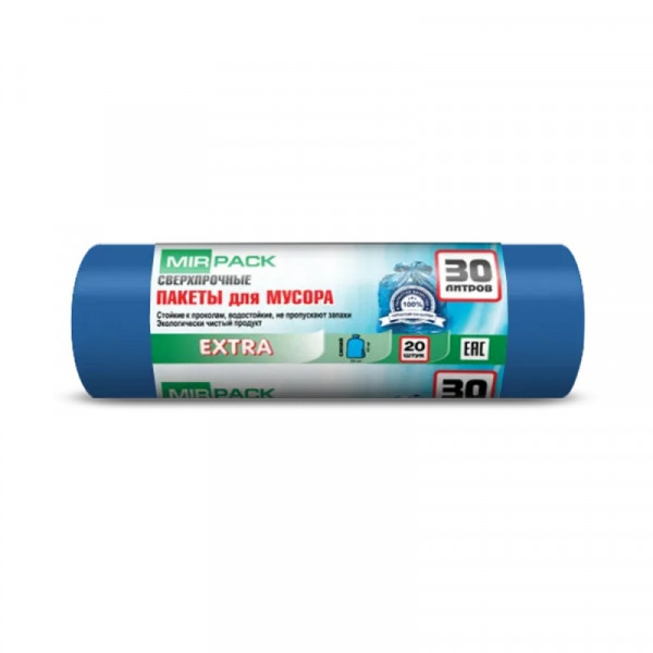 Мешки для мусора 30л 20шт/рулон ПНД Mirpack Extra 12мкм 50*60см цв.синий Мешки для мусора 30л 20шт/рулон ПНД Mirpack Extra 12мкм 50*60см цв.синий
