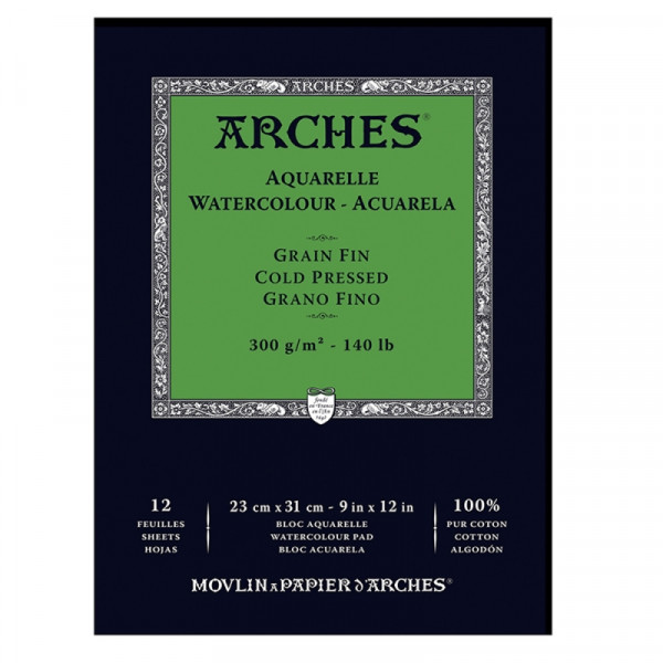 Блок-склейка бумаги для акварели Arches 100 хлопок, хол.пресс, 23*31, 300г/м, 12л