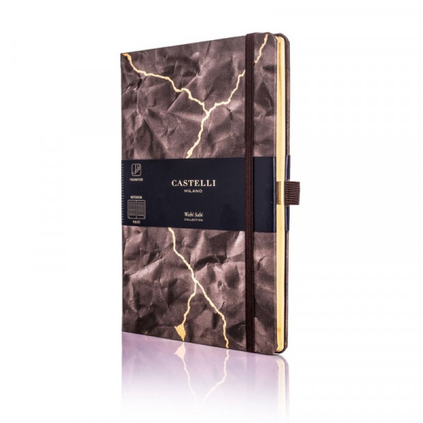 Блокнот А5 130*210 мм., 120 л., тонир., лин. Wabi Sabi Lightning обл. искусств. матер., на резинке, коричневый, срез золотистый