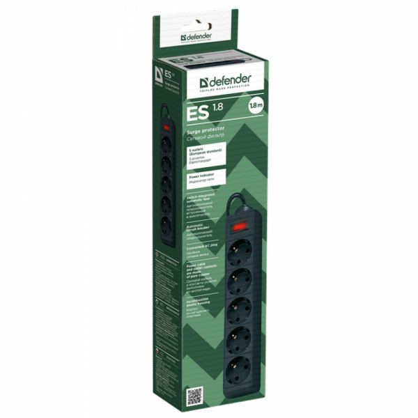 Сетевой фильтр 1,8м Defender ES <5 розеток> черный    